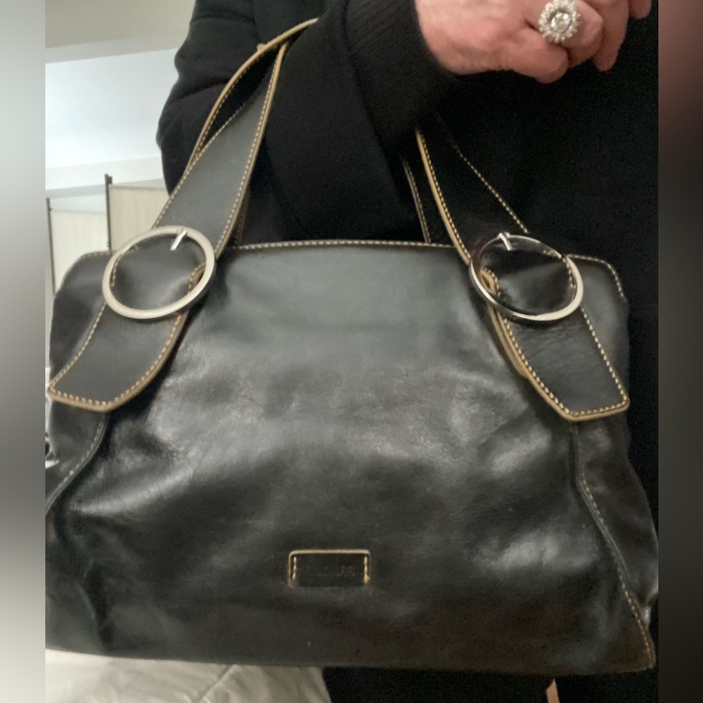 Black Leather hand Bag with Ring-Accent Straps